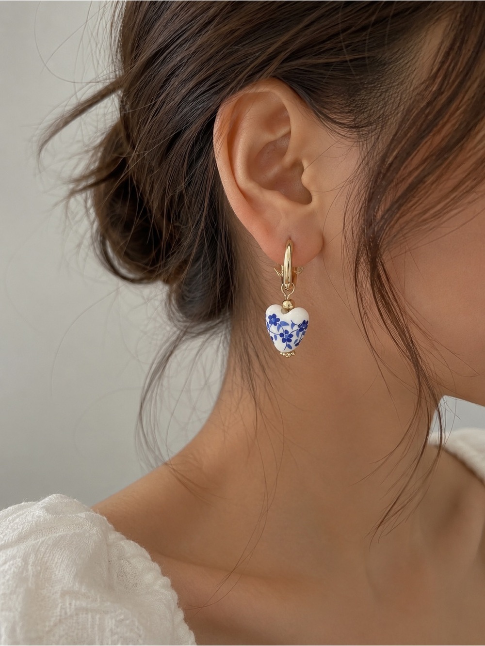 Blue Floral Heart Drop Earrings Gold Tone Porcelain Inspired Dainty Earrings